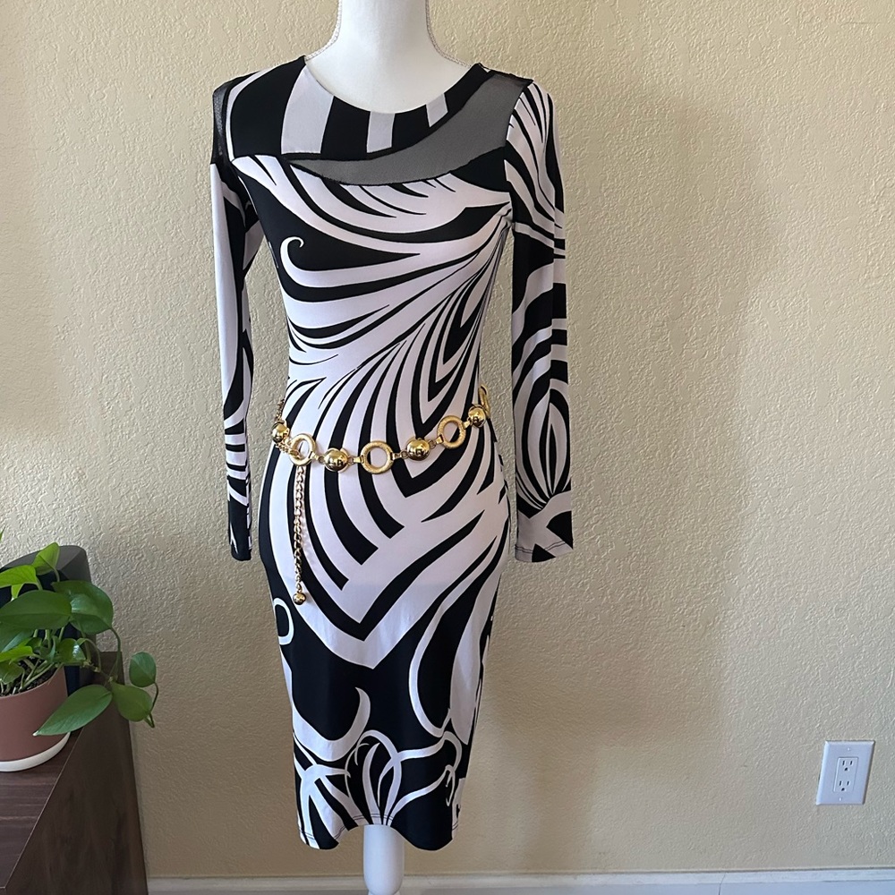 Vintage 90s Wall Street Mod Style Bodycon Mesh Midi Dress